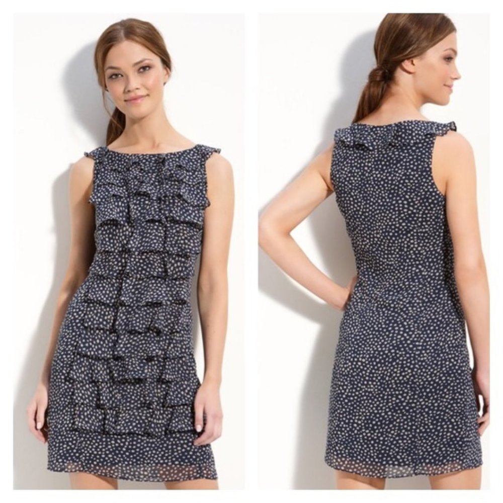 Adrianna Papell Navy Polka Dot Chiffon Ruffle Dress